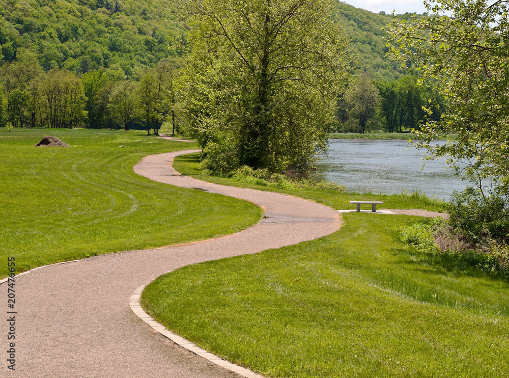 A walkway in a park along the Allegheny River in Tionesta, Pennsylvania.