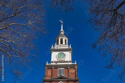 independence Hall clock tower in Philadelphia, PA, where the Declaration of Independence and US Constitution were debated, drafted and signed.