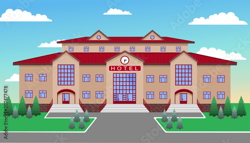 hotel, a classic brick building of light brick and with a red tiled roof, with three entrances and a clock in the center, against the blue sky with clouds, with lawn, paths, firs and trees