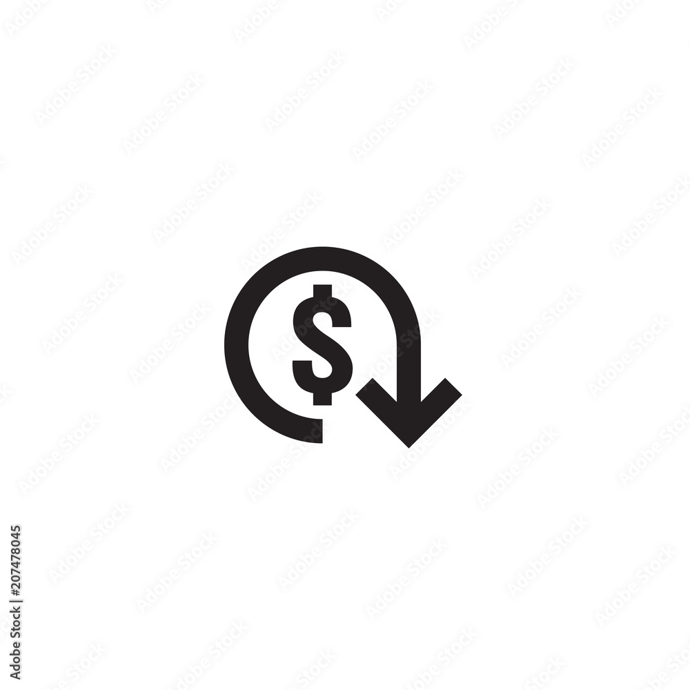 dollar decrease icon. Money symbol with arrow stretching rising drop fall down. Business cost reduction icon. vector illustration. dollar decrease icon. Money symbol with arrow stretching rising drop fall down. Business cost reduction icon. vector illustration.