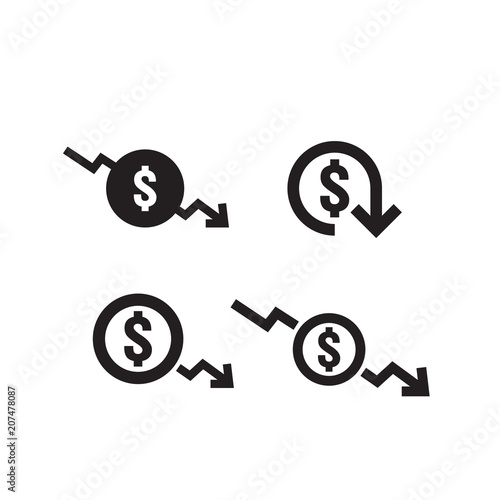 dollar decrease icon set. Money symbol with arrow stretching rising drop fall down. Business cost reduction icon. vector illustration.