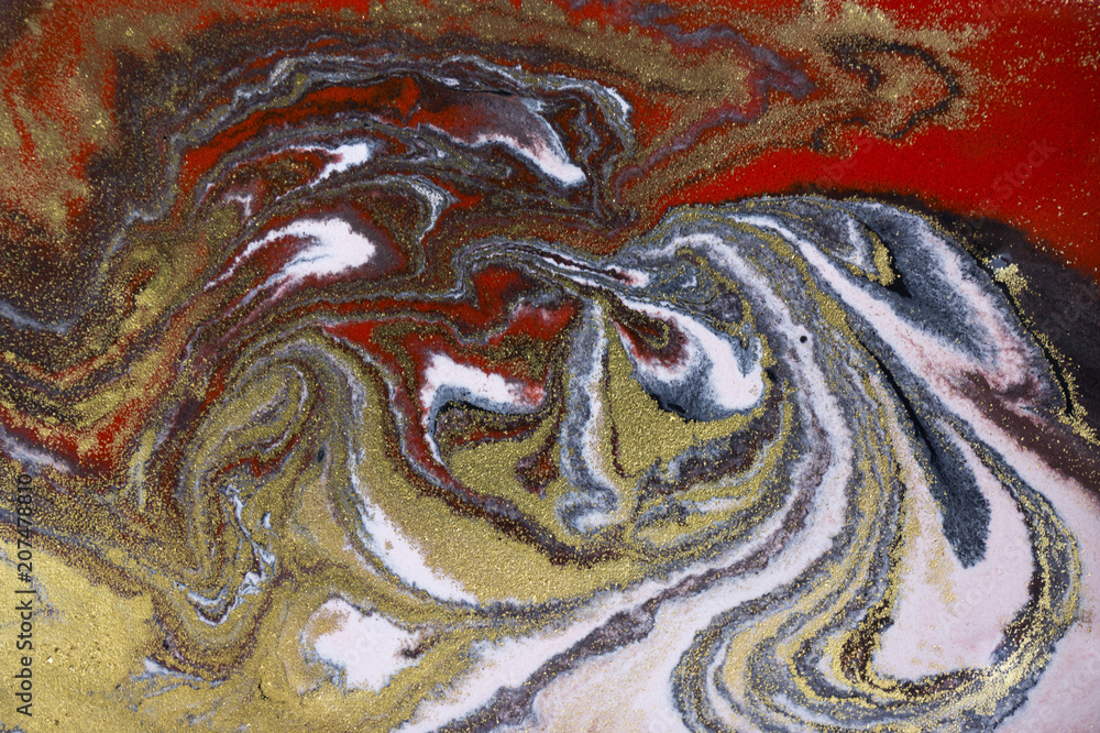 Marble abstract acrylic background. Red marbling artwork texture. Agate ripple pattern. Gold powder. Marble abstract acrylic background. Red marbling artwork texture. Agate ripple pattern. Gold powder.