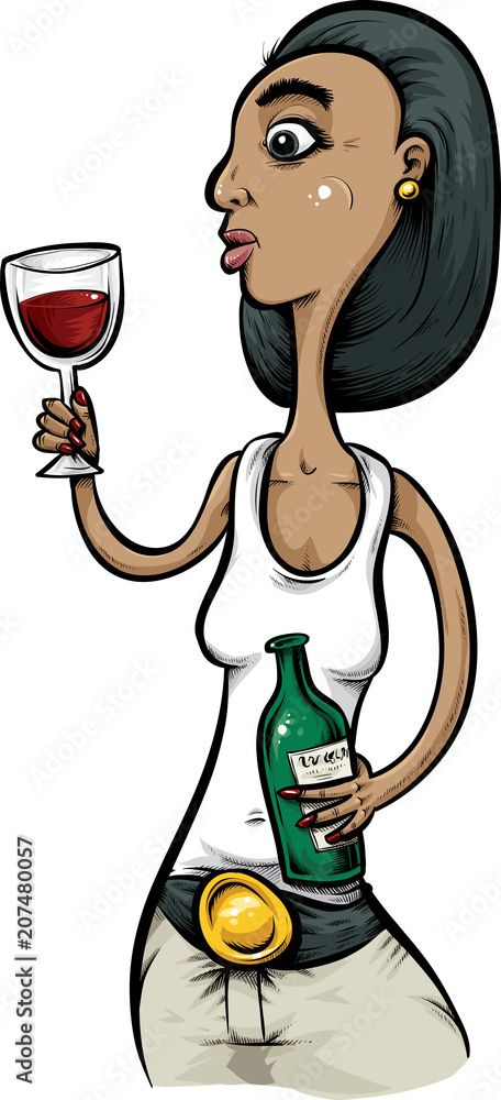 Cartoon of a woman holding a clear glass of red wine and holding a wine  bottle. Stock Vector | Adobe Stock