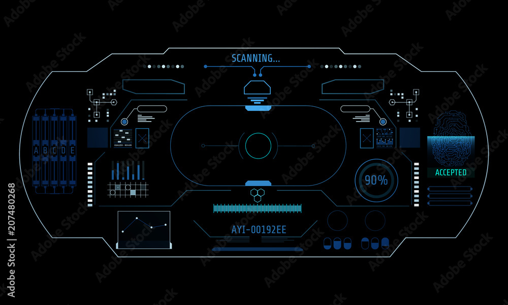 HUD Virtual Hologram User Screen Interface Vector. Abstract Futuristic Display Panel Fingerprint Scan Illustration. HUD Virtual Hologram User Screen Interface Vector. Abstract Futuristic Display Panel Fingerprint Scan Illustration.