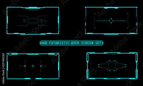 HUD Futuristic Technology Interface Elements Panel Set Vector. Abstract Virtual Cyber Object Pack For Game App UI Illustration.