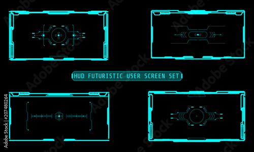 HUD Futuristic Technology Interface Elements Panel Set Vector. Abstract Virtual Cyber Object Pack For Game App UI Illustration.