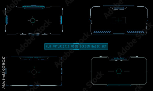 HUD Futuristic Technology Interface Elements Panel Set Vector. Abstract Virtual Cyber Object Pack For Game App UI Illustration.