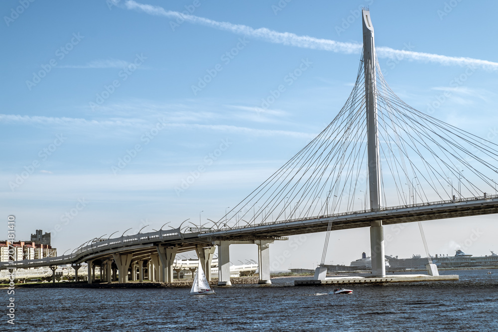 Obraz premium View on ring road and cable bridge on Vasilievsky island.