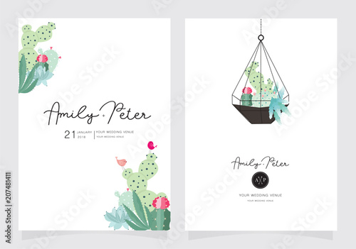wedding card invitation template with sample text in cactus green and pink mode