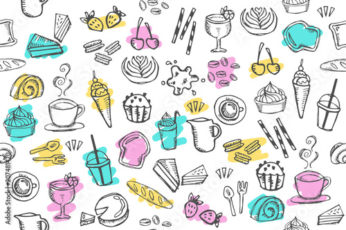 Doodle food cafe bakery drawing pattern seamless on white background vector illustration