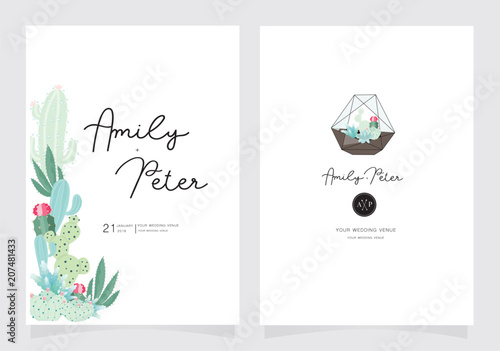 wedding card invitation template with sample text in cactus green and pink mode