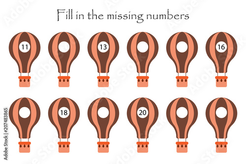 Game with air ballon for children, fill in the missing numbers, middle level, education game for kids, school worksheet activity, task for the development of logical thinking, vector illustration