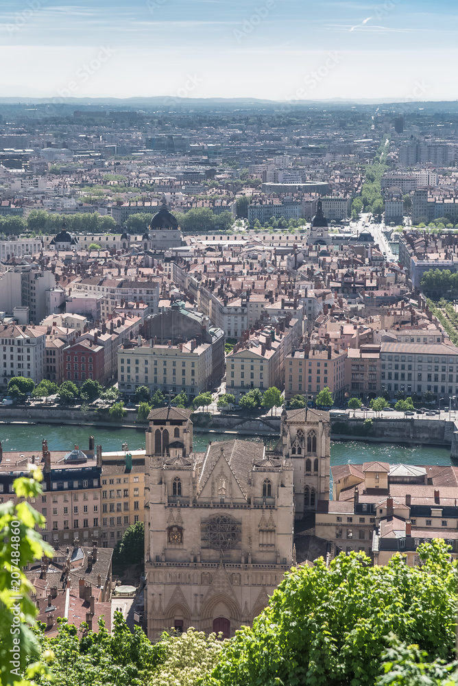 Vieux-Lyon, Saint-Jean-Baptiste cathedral, aerial view, colorful houses and bridges in the old center 
