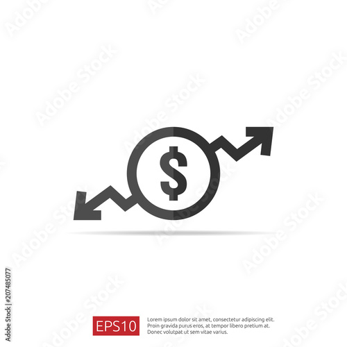 dollar increase decrease icon. Money symbol with arrow stretching rising up and drop fall down. Business cost sale and reduction icon. vector illustration.