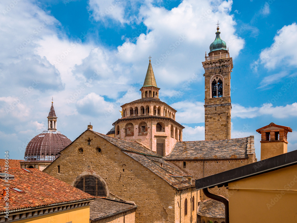 Buildings and roofs of main sightseeing spots of upper town of  Bergamo, Italy.  Basilica of Santa Maria Maggiore,Cappella Colleoni and Cathedral