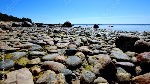 Kamienista estońska plaża przy wybrzeżu Bałtyku w piękny, letni, upalny dzień