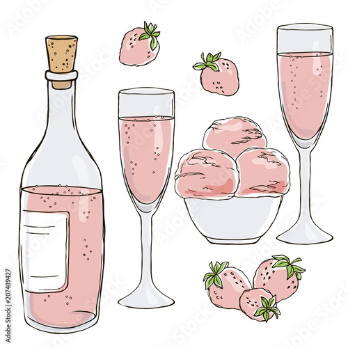 vector contour color rose  champagne wine bottle glasses with bubbles outlined strawberry berry ice cream bowl romantic date