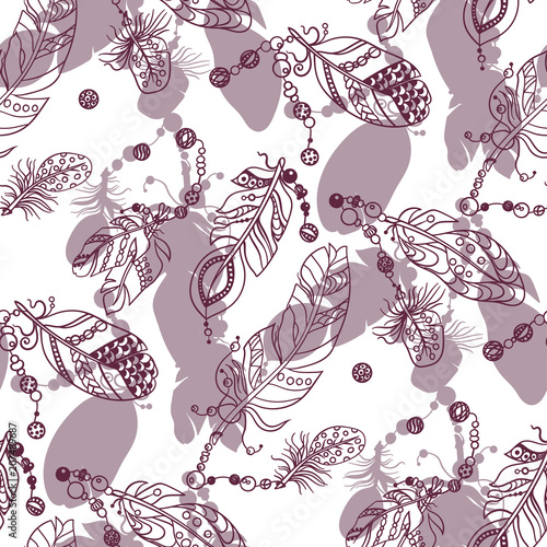 Wallpaper Mural Samless pattern with colored dark red graphic  feathes with pink shadows in vector ornament Torontodigital.ca