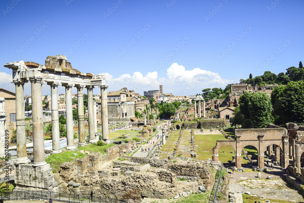 Rome, Italy, ruins of the Imperial forums of ancient Rome. Temple of Saturn