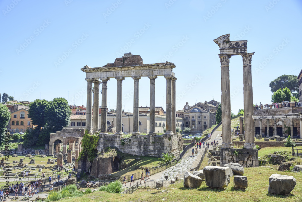 Rome,  ruins of the Imperial forums of ancient Rome. Temple of Saturn