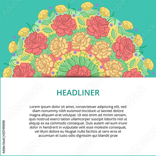 Vector banner set with floral ornament. Rose, tulip, leaf. Circular ornament.