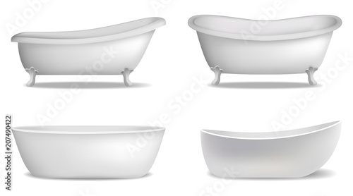 Bathtub shower interior mockup set. Realistic illustration of 4 bathtub shower interior mockups for web