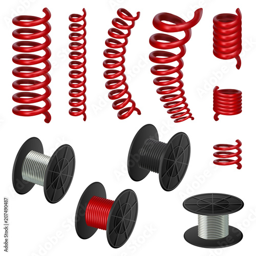 Coil spring flexible cable mockup set. Realistic illustration of 11 coil spring flexible cable mockups for web