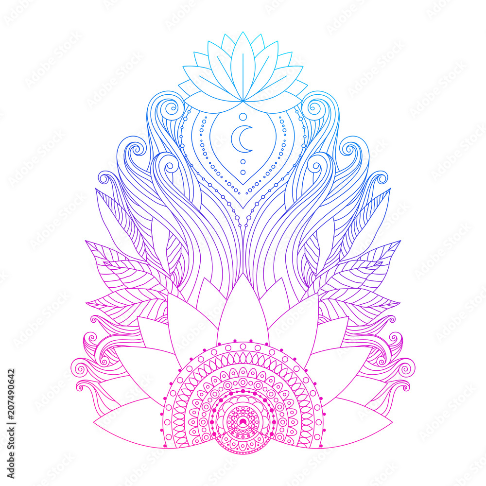 Spiritual Symbol Ornamental Pink Blue Lotus Flowers And Leaves Ethnic Indian Art Hand Drawn Decorative Isolated Element For Tattoo Yoga Boho Clothes Design Stock Vector Adobe Stock