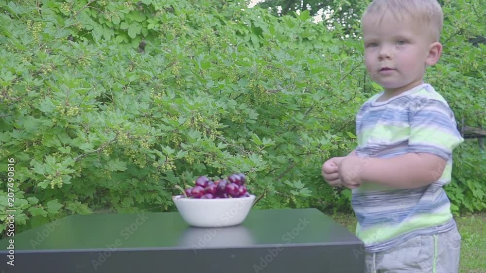 baby boy eating cherries in garden. Cherries in a plate on a table. baby boy eating cherries in garden. Cherries in a plate on a table.