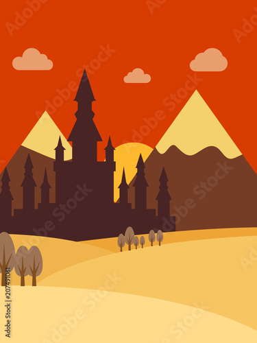 The Castle Under Sunset  Flat Design Illustration