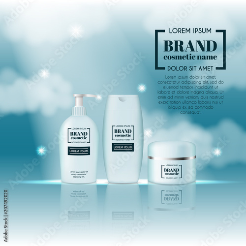 3D realistic cosmetic bottle ads template. Cosmetic brand advertising concept design on sky background with clouds
