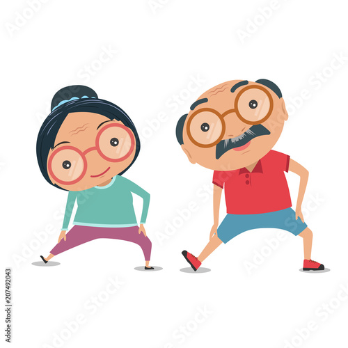 Grandparent, Old senior man and woman the condition of being physically fit and healthy. They are standing exercise for health together isolated on white background. vector and illustration.