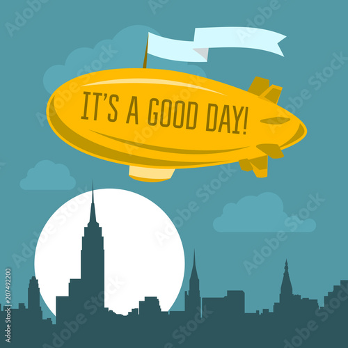 Vintage airship over city - dirigible with advertizing message