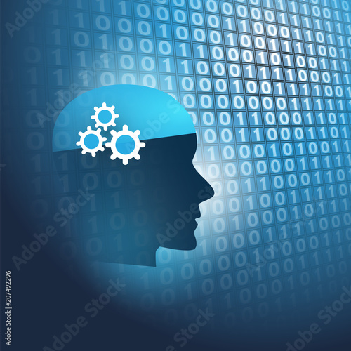 Modern Style Futuristic Machine and Deep Learning, Artificial Intelligence Design Concept with 3D Digital Bits Patterned Background and Human Head