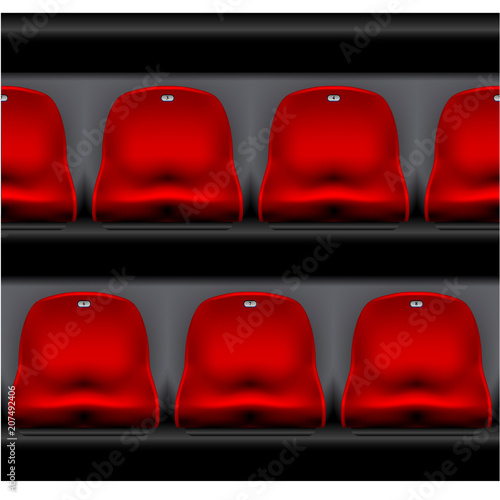 Row of stadium seating - sport arena, red plastic chairs front view