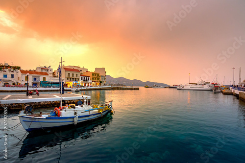 Agios Nikolaos, a picturesque coastal town with colorful buildings around the port in the eastern part of the island Crete, Greece