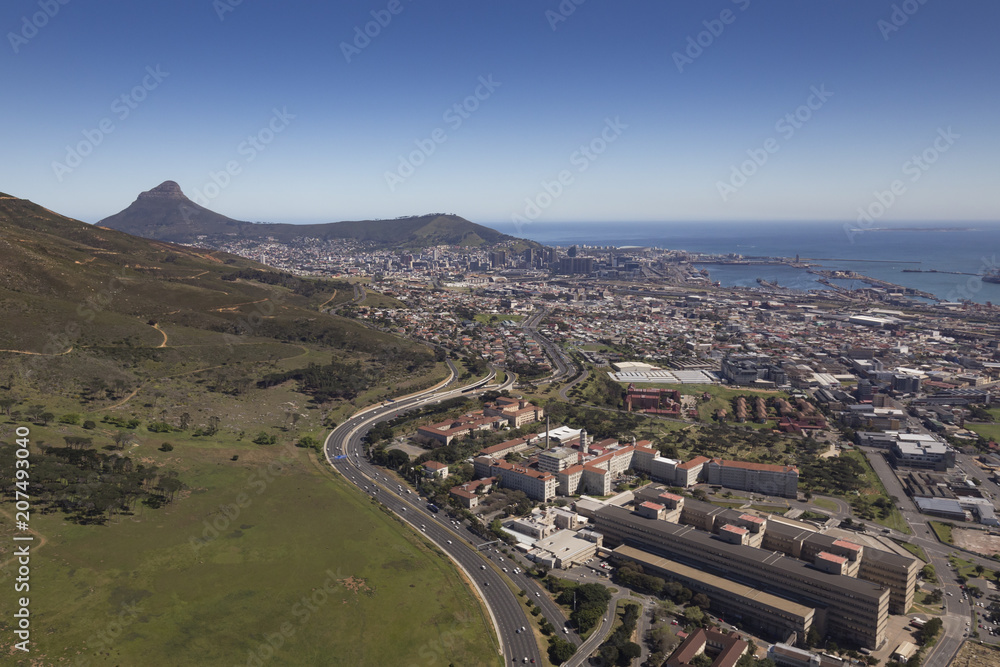 cape town with lions head from helicopter
