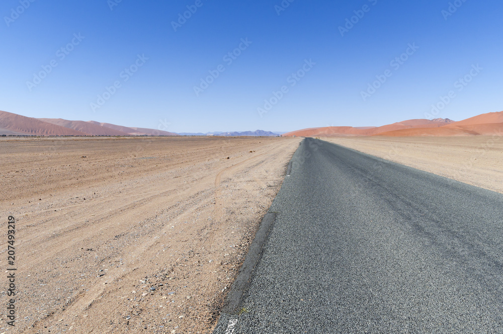 Road in the Namib Desert /Straight road in the Namib desert to the horizon, Namibia, Africa.