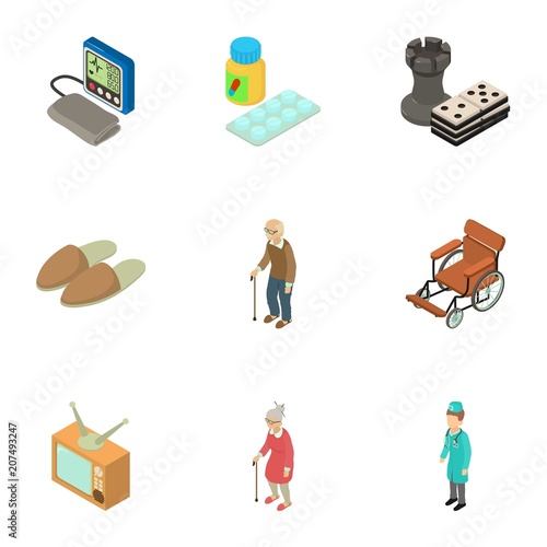 Senility icons set. Isometric set of 9 senility vector icons for web isolated on white background