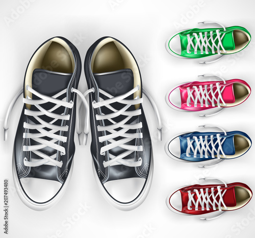 3D Realistic Vector Mesh Pair of Black Sneakers Plus Different Color Variations Set in White Isolated Background
