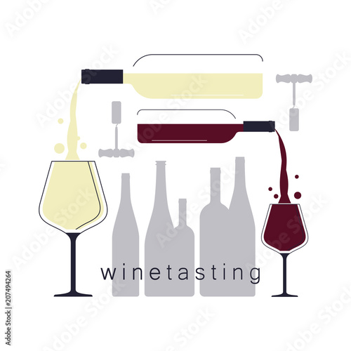 White and red wine. Pouring wine in a wine glass. Silhouettes of bottles. Illustration for a wine tasting. Vector background.
