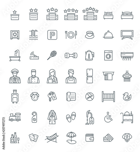 Hotel services vector outline icons set. Simple linear pictograms. Isolated on white. Thin line symbols for choosing of apartment. Different services for traveling singles and families with kids