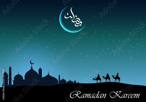 Ramadan kareem arabian night background with group of people riding camel and mosque silhouette