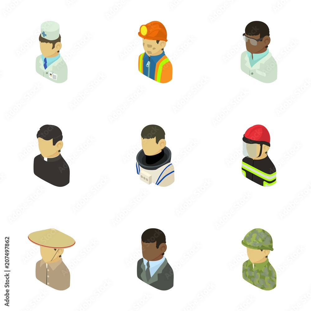 Appearance of people icons set. Isometric set of 9 appearance of people vector icons for web isolated on white background Appearance of people icons set. Isometric set of 9 appearance of people vector icons for web isolated on white background