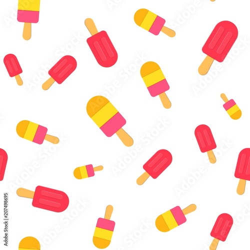 Ice Cream repeat seamless pattern in trandy paper cut style.. Tasty summer bright icecream stick on white background for package design Vector card illustration in papercutting art style