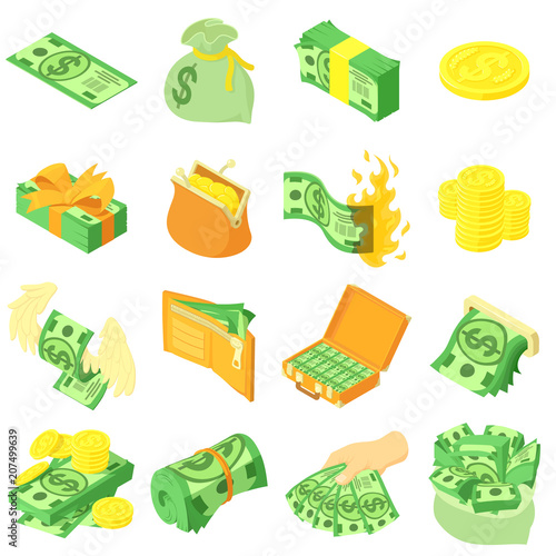 Money coin dollar icons set. Isometric illustration of 16 money coin dollar vector icons for web