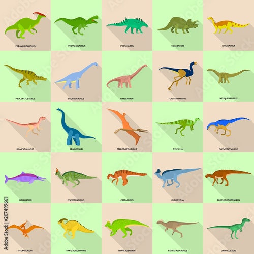 Dinosaur types signed name icons set. Flat illustration of 25 dinosaur types signed name vector icons for web © ylivdesign