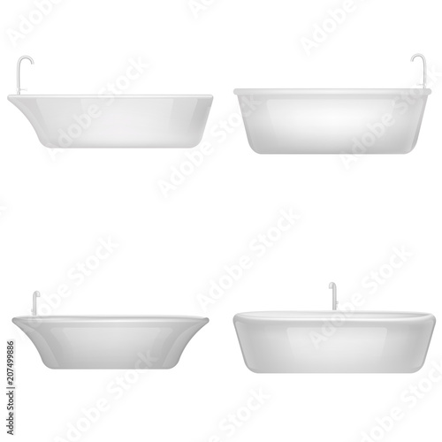 Bathtub shower interior mockup set. Realistic illustration of 4 bathtub shower interior mockups for web