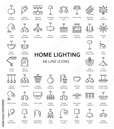 Different kinds of wall, ceiling, table and floor lamps. Modern light fixtures. Home lighting. Line icon collection. Isolated objects.