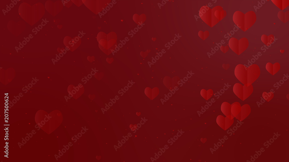 abstract christmas gradient red gradient background with bokeh glitter and red hearts shape flowing, happy holiday for woman, wedding, celebration with sweet and romantic moment